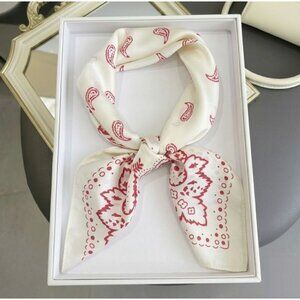 ❤️Elegant Bandana Square Scarf Silky Satin Soft WHITE RED Wrap Paisley Floral ❤️